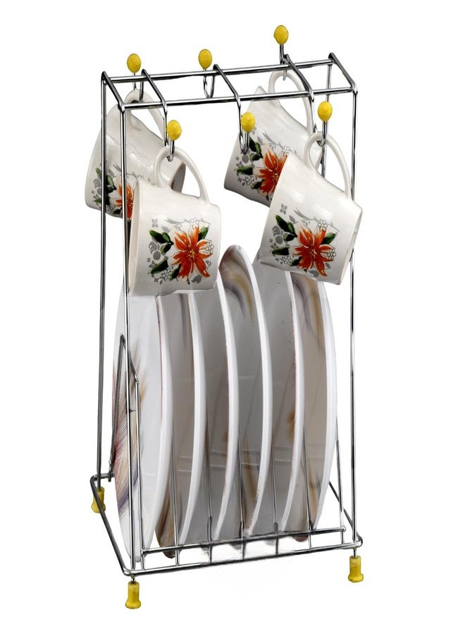 GRIDKITCHEN Stainless Steel Cup Saucer Plate Stand 6 Hooks for Holding Mugs & Tea Cup and 6 Section for Holding Plates, Dishes & Lids Pack of 1 - Image 3